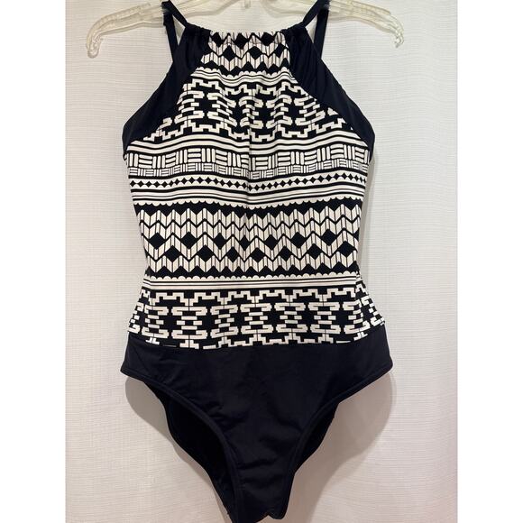 JAG Black White Geometric Print Halter Style One Piece Swimsuit Large - Picture 1 of 5
